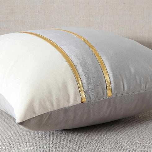 WACOMECO Velvet Throw Pillow Covers - Soft Decorative Cushion Covers Cases with Gold Leather for Sofa Bedroom Livingroom Car, 18 x 18 in, Grey and White