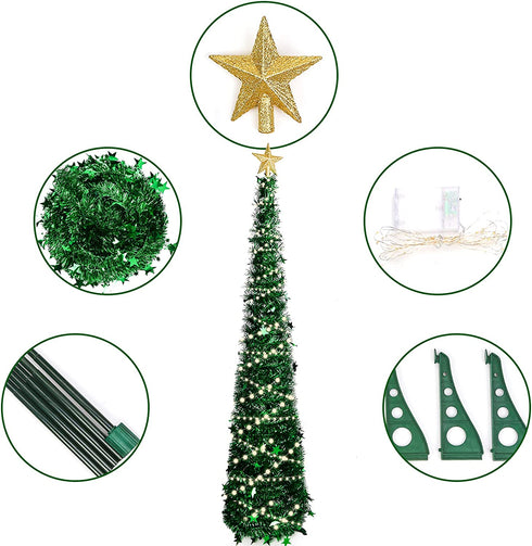 HAKACC 5 FT Christmas Tree, 2 Flash Modes Artificial Christmas Tree with 5 M LED Light for Home Holiday Party Decorations, Easy Assembly, Green