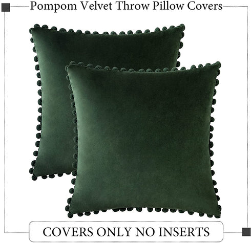 Woaboy Pack of 2 Velvet Throw Pillow Covers Spring Pompom Decorative Pillowcases Solid Soft Cushion Covers with Poms Square for Couch Sofa Bedroom Car 20x20inch Dark Green