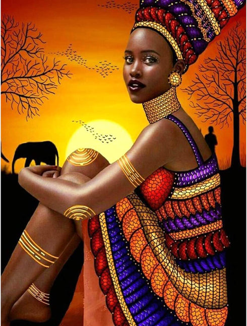 SKRYUIE 5D Diamond Painting Kit African Women Full Drill by Number Kits, Diamond Art African American Sunset Woman Paint with Diamonds Black Woman Embroidery DIY Craft Set Arts Decorations(12x16inch)