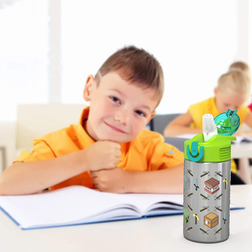 Zak Designs 15.5oz Minecraft 18/8 Single Wall Stainless Steel Kids Water Bottle with Flip-up Straw Spout and Locking Spout Cover, Durable Cup for Sports or Travel (15.5oz, Minecraft)