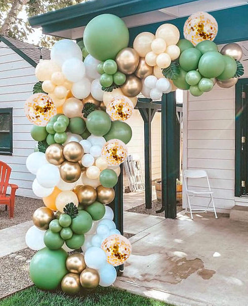 OLYYTAO Olive Green Balloon Garland Arch Kit-132PCS Artificial Palm Leaves Retro Green Balloons White Gold Confetti and Gold Metallic Chrome Latex Balloons for Wedding Birthday Baby Shower DIY Decorations