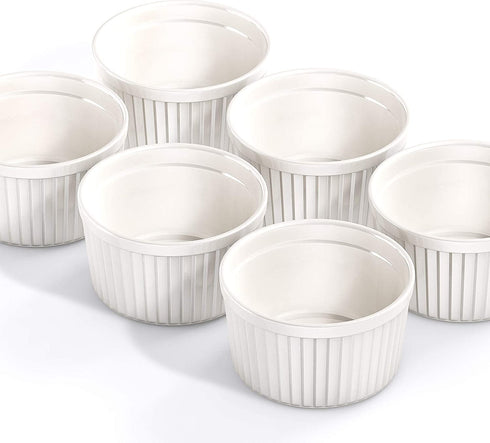 Hatrigo Porcelain Ramekins with Silicone Storage Lids, Set of 6 White Ramekins, 10 oz Oven Safe to 450 deg F, Dishwasher Safe