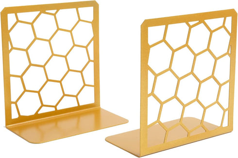 Premium Bookends Geometric Honeycomb Metal Book Ends (Gold, 1 Pair) Book End for Shelves