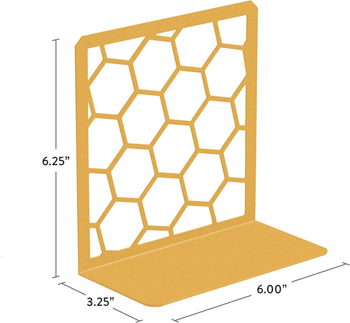 Premium Bookends Geometric Honeycomb Metal Book Ends (Gold, 1 Pair) Book End for Shelves