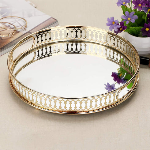 Hipiwe Mirror Vanity Tray - Round Metal Makeup Tray Jewelry Trinket Tray, Cosmetic Perfume Tray for Dresser Bathroom Bedroom Countertop Organizer Tray