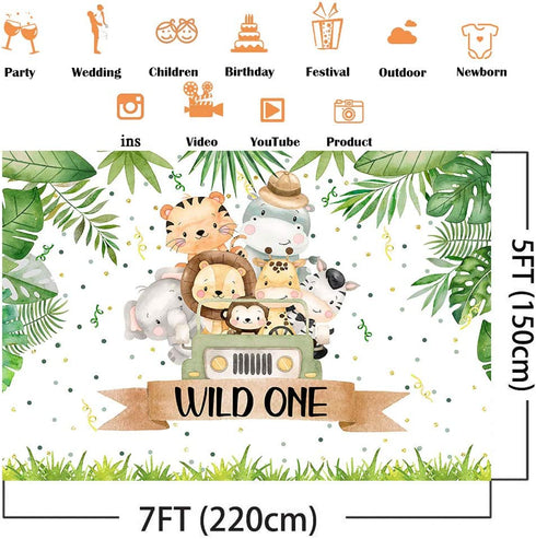 Avezano Wild One Backdrop 7x5ft 1st Birthday Safari Party Decoration Drive by First Birthday Photo Booth Background Jungle Animals Theme Dessert Table Banner (7x5ft)