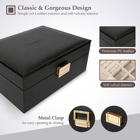 LANDICI Jewelry Box Organizer for Women Teen Girls, Large Jewelry Storage Case with Mirror and 2 Layer Removable Tray, Leather Jewellery Display Holder for Ring Necklace Earring Bracelets, Black