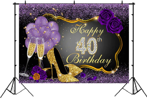 Happy 40th Birthday Backdrops Shining Purple Dots and Gold Frame Photography Background for Party Decorations Rose Floral Balloons Heels Champagne Glass Party Banner Supplies Photo Studio Props 7x5ft