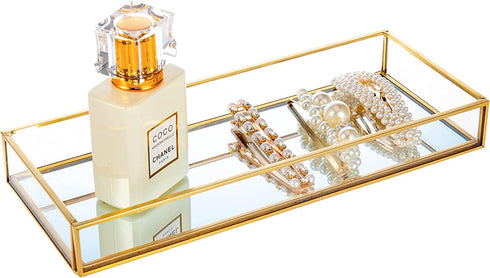 Feyarl Gold Clear Glass Vanity Tray Jewelry Trinket Rings Earrings Organizer Perfume Collection Display Decorative Tray Anti-Mirror Surface for Dressr Room Drawer Office Tabletop (9.84Inch)