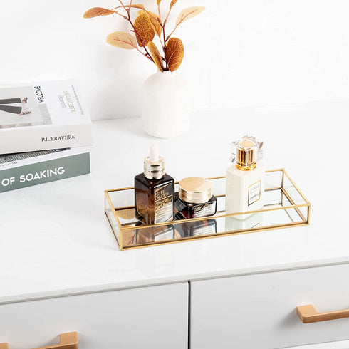 Feyarl Gold Clear Glass Vanity Tray Jewelry Trinket Rings Earrings Organizer Perfume Collection Display Decorative Tray Anti-Mirror Surface for Dressr Room Drawer Office Tabletop (9.84Inch)