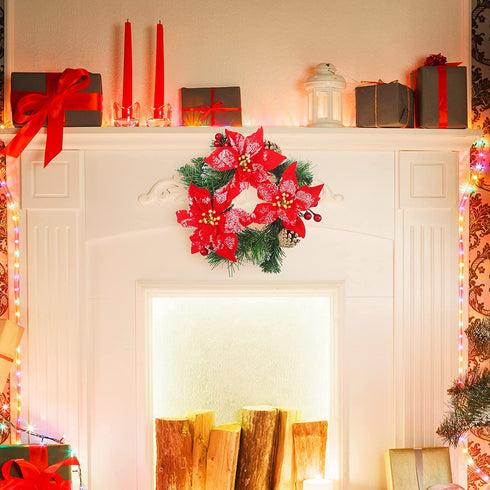 2 Pcs 10 Inch Christmas Poinsettia Candle Holder Centerpiece Red Poinsettia Christmas Candle Rings with 2 Pcs Christmas Candle Holders Glass for Home Party Christmas Table Mantel Decorations(Red)