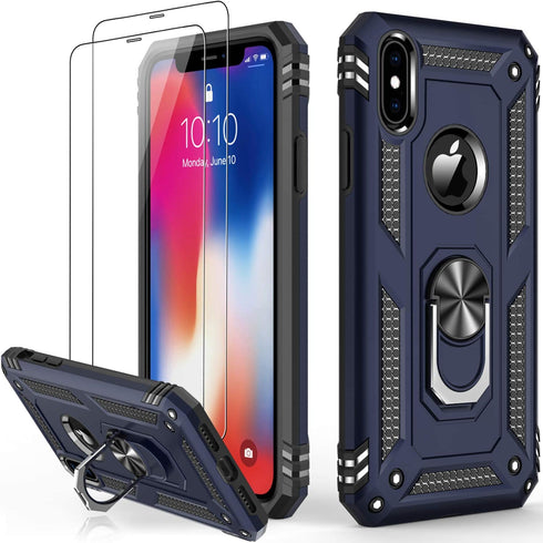 iPhone Xs Max Case with Tempered Glass Screen Protector,iPhone Xs Max Cover Military Grade 16ft. Drop Tested Cover with Magnetic Ring Kickstand Protective Phone Case for iPhone Xs Max Blue