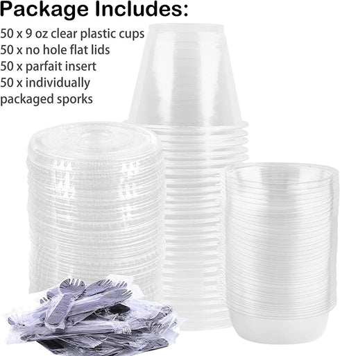 Zezzxu 50Pack 9oz Clear Plastic Parfait Cups with Insert and Flat Lids (No Hole) Disposable Dessert Cups for Yogurt Fruit and Cereal Parfait