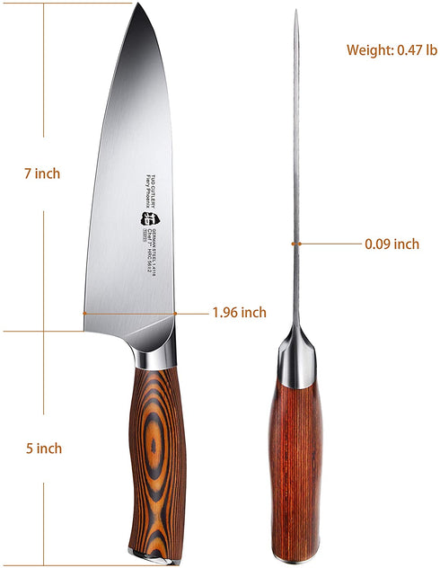 TUO Chef Knife- Kitchen Chef s Knife - High Carbon German Stainless Steel Cutlery - Rust Resistant - Pakkawood Handle - Luxurious Gift Box Included - 7 - Fiery Phoenix Series