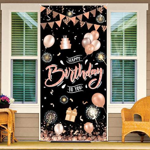Rose Gold Happy Birthday Door Banner,Birthday Door Cover Decoration Supplies Happy Birthday Backdrop Photography Black Background Sign For Women And Girls Birthday Party Home Outdoor Decor