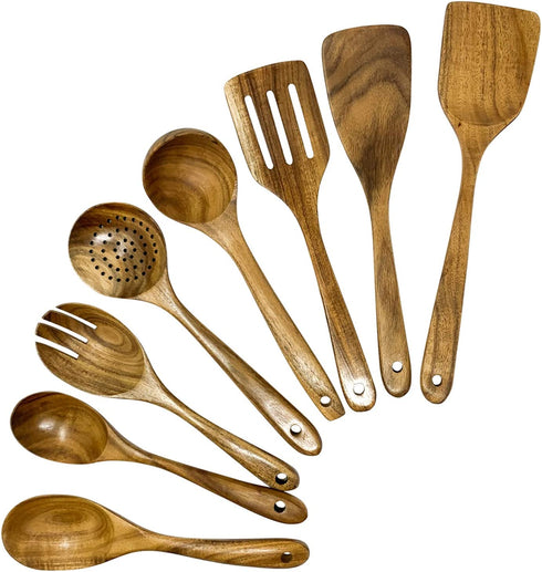 Wooden Utensils for Cooking 8 Pcs Natural Teak Wooden Cooking Utensils, Wooden Kitchen Utensil Set, Wooden Spoons for Cooking, Kitchen Cooking Utensils Set, Slotted Spoons for Cooking