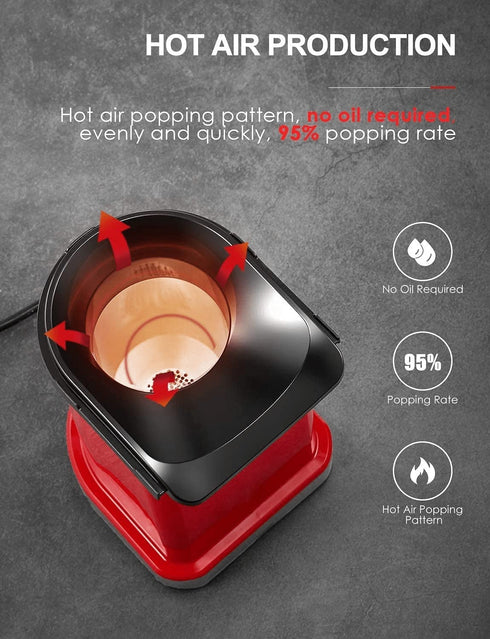 Hot Air Popcorn Popper, 1400W Electric Popcorn Maker Machine 2 Minutes Fast Popping, 18 Cups, Healthy & Fat Free, For Home, Christmas, Movie Night or Party, BPA Free