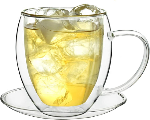 Creano Double Wall Glass Mugs 9 OZ with Handle and Saucer, Insulated Cup - 2X 9oz (250ml)