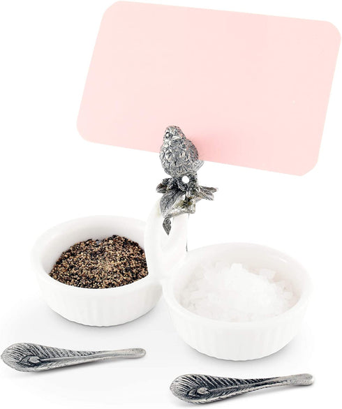 Vagabond House Song Bird Double Salt Cellar Spice Sauce Server and Place card with Pewter Feather spoons 2.5 inch Tall 4.25 inch Long 2 inch Wide