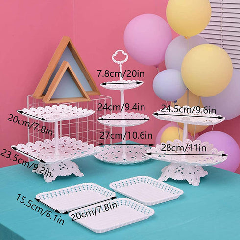 6Pcs Party Cupcake Cake Stand Includes 3 Tier 2 Tiers Square/Heart/Round Cupcake Holder with 3pcs Rectangle Plastic Serving Trays for Party Wedding Home Decor