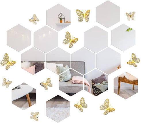 30pcs Removable Large Size Acrylic Hexagon Mirror Wall Stickers,Self-Adhesive Tiles, 3D Hexagonal, Non-Glass, add 3D gold Butterfly Stickers Decals 12pc for Home Bedroom Living Room reunion Decor(6.88 x 6.02 x 3.54 inchs?