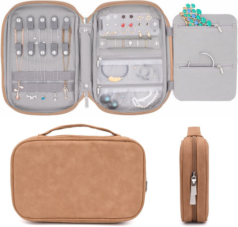 storageLAB Travel Jewelry Organizer, Faux Suede Clutch Bag for Necklaces, Earrings, Rings and Bracelets (Leather Brown)