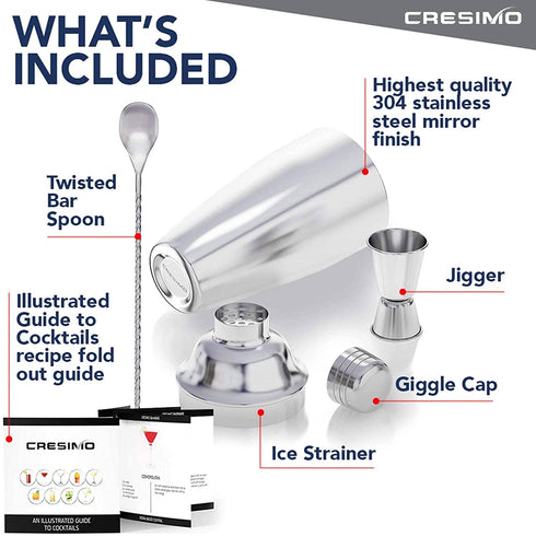 Large Cocktail Shaker Set: 24oz Stainless Steel Martini Shaker Drink Mixer Set with Alcohol Bar Tools: Ice Strainer, Jigger, Bar Spoon, Craft Cocktail Kit Recipe Guide - Mixology Bartender Kit - Cresimo