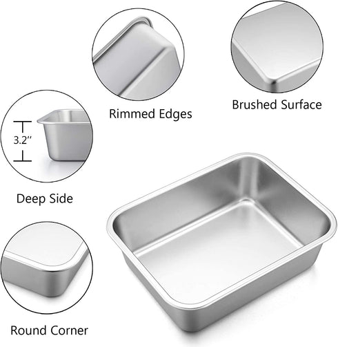 Lasagna Deep Baking Pan - 10.7 x 8.3 x 3.2,P&P CHEF Rectangular Cake Pan Cookie Bakeware Stainless Steel for Brownie/ Bread/ Meat, Deep Side & Round Corner, Brushed Finish & Dishwasher Safe