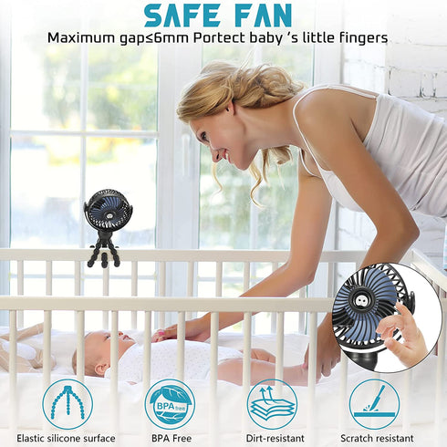 Snawowo Upgraded 4000mAh Baby Stroller Fan, 360°Rotation Mini Portable Fan with Flexible Tripod Clip On Stroller Treadmill Peloton Bike Crib Car Seat, USB or Battery Powered Handheld Personal Fan (Black)