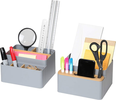 Seville Classics Eco-Conscious Organizer Box Set Art Crafts Holder Junk Drawer Utensils, Flatware, Silverware, Cutlery, Pens, Desk Caddy, Bamboo/Gray, 2