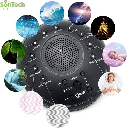 SonTech - White Noise Sound Machine - 10 Natural Soothing Sound Tracks Home, Office, Travel, Baby Multiple Timer Settings - Battery or Adapter Charging Option