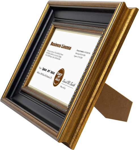 Space Art Deco, 8.5x5.5 Business License Frame, Professionals Certificate Frame, Tempered Glass Wall Hangers or Easel Stand Display (Ornate Gold/Black)