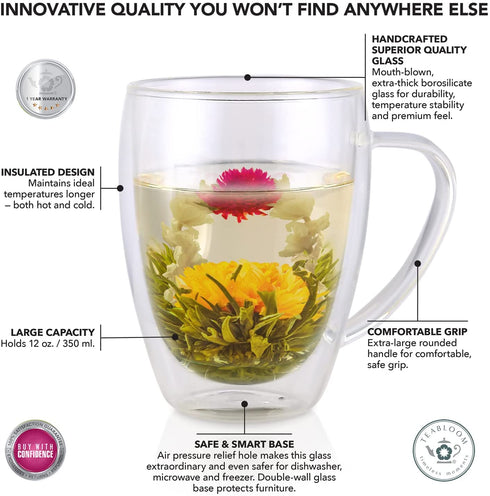 Teabloom Double Walled Mugs - 12 oz / 350 ml Set of 2 Insulated Glass Mugs for Tea, Coffee, and More Clear Bliss Collection