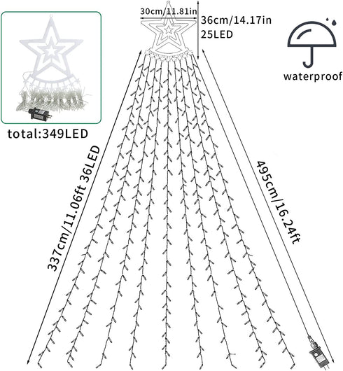 Christmas Decorations Outdoor Star String Lights,349 LED 8 Modes with 14" Topper Star Christmas Tree Lights,Star Waterfall Lights for Outside Tree Yard Wedding Home Party,Cool White