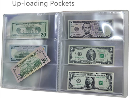 Currency Paper Money Collection Book, 3-Pocket Banknote Organizer, Single Side View Dollar Bill Holders for Collectors, Crystal Clear Sleeves to Storage 60 World Cash, Thicker SleevesNote Book (Blue)