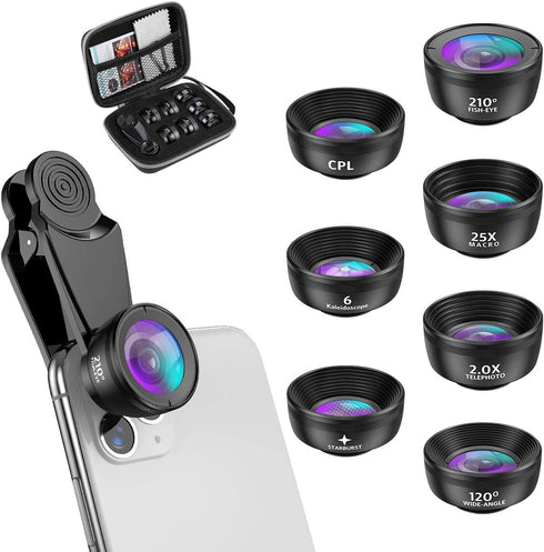 Criacr Phone Camera Lens, 210 °Fisheye Lens + 120 °Wide Angle + 25X Macro + 2X Telephoto + Star Lens + CPL + 6 Kaleidoscope 7 in 1 Phone Lens Kit Compatible with iPhone/Samsung/Google Pixel etc