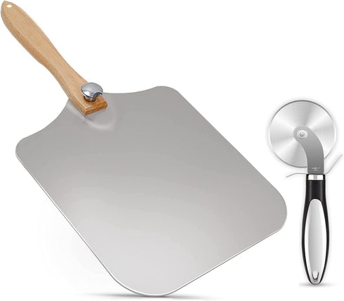 Aunly Aluminum Pizza Peel - Large Size Pizza Paddle 12x14 Inch Metal Pizza Spatula with Foldable Wood Handle & Pizza Cutter- Pizza Shovel for Homemade Baking Lovers for Pies, Pastries, Dough & Cookies