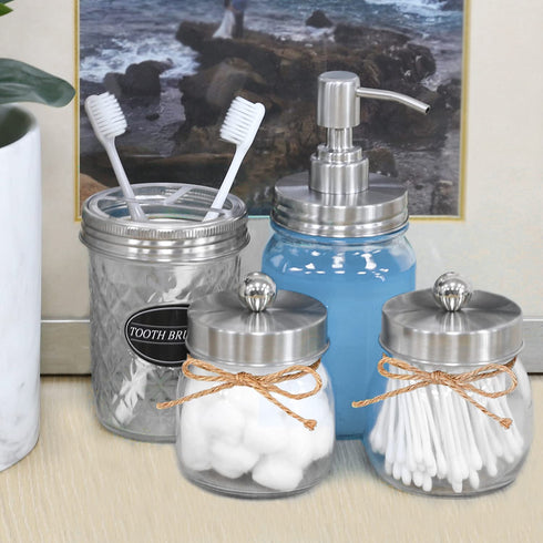 CERBIOR Mason Jar Bathroom Accessories Set 4Pcs,Lotion Soap Dispenser &2 Apothecary Jars &Toothbrush Holder,Bathroom Home Decor Craft. Nickel