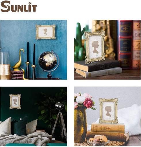 Sunlit Vintage Picture Frame 4x6 Inch, Luxury Antique Photo Frames with Glass Front, Photo Display, Tabletop Wall Hanging, Gift Ideas, Yellow Gold