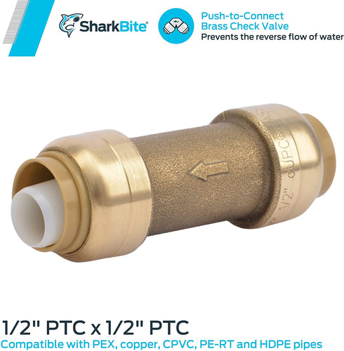 SharkBite U2008-0000LFA 1/2 inch x 1/2 inch Brass Check Valve, Push-to-Connect, Copper, PEX, CPVC