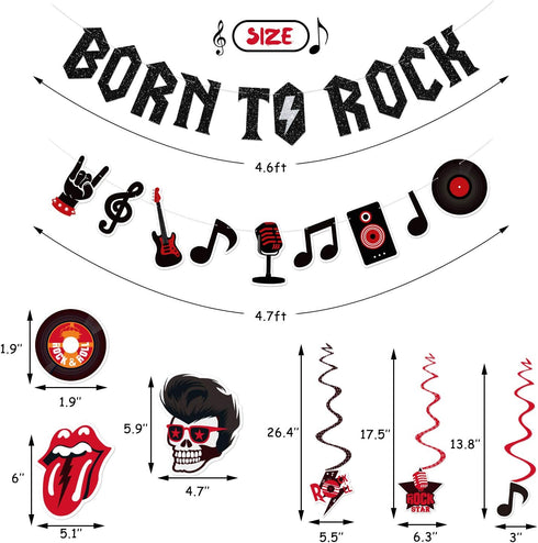 Rock and Roll Party Decorations Set Born to Rock Glitter Banner Rock and Roll Hanging Swirls Rock Star Centerpiece Sticks 1950's Rock and Roll Party Decorations Music Theme Baby 1st Birthday Party Supplies 50s 60s Rock Party Favors Record Wall Decor