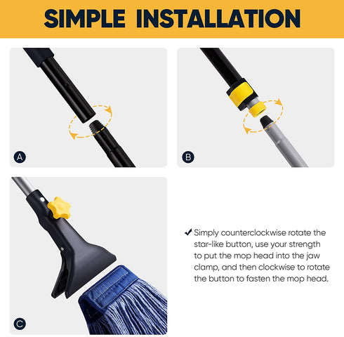 Yocada Looped-End String Wet Mop Heavy Duty Cotton Mop Commercial Industrial Grade Telescopic Iron Pole Jaw Clamp Floor Cleaning 55.1"