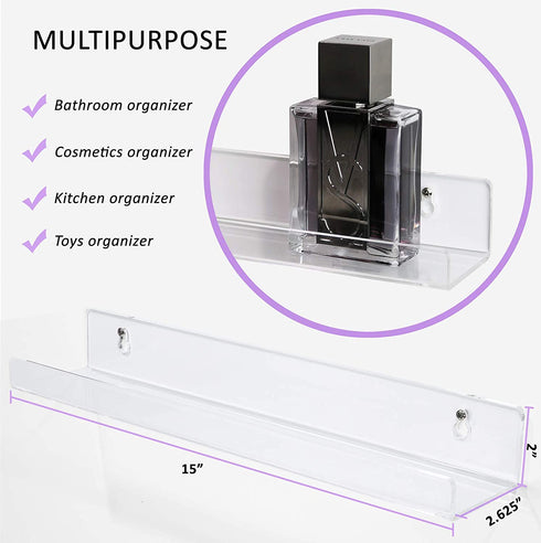 Estilo Set of 2 Acrylic Clear Wall Mounted Display Floating Shelves For Cosmetics, Photos, Books.- 15" inches