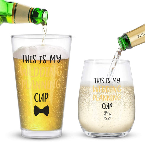This Is My Wedding Planning Cup Stemless Wine Glass and Beer Glass Set, Wedding Gifts, Engagement Gift Set for Newlywed New couple Her Him Fiancee Fiance Bride Lovers Friends Women Men, 12Oz