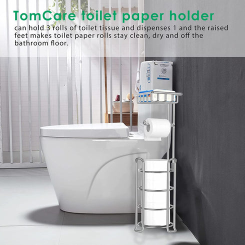 TomCare Toilet Paper Holder Toilet Paper Stand with Raised Feet Metal Bathroom Accessories Tissue Paper Dispenser Free Standing Toilet Paper Roll with Storage Shelf Bathroom Storage Organization