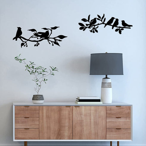 Hotop 2 Pieces Birds on Branch Metal Wall Art Decor Bird Silhouette Sculpture Black Leaves with Birds Metal Ornament Hanging Sign for Home Garden Office Living Room Indoor Outdoor Decorations