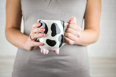 Boston Warehouse Udderly Cow Non-Skid Silicone Feet Ceramic Mug, 1 Count (Pack of 1), White, Black, Pink
