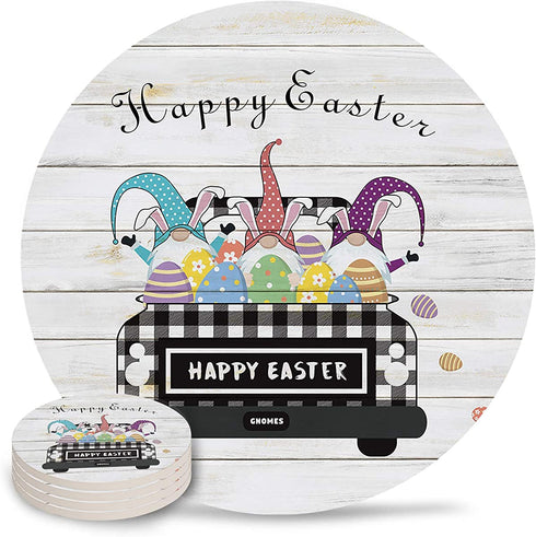 Buffalo Check Plaid Truck Drink Coasters Absorbent Natural Ceramic Stone Bar Coasters Set of 4- Happy Easter Leprechaun and Egg Cup Mat with Cork Backing for Home Kitchen Decorations