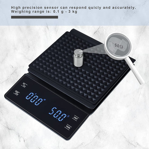 bemece Digital Coffee Scale with Timer, 3 kg/0.1 g High Precision Kitchen Food Scale Drip Espresso Scale with Back-Lit LCD Display (Batteries Included)